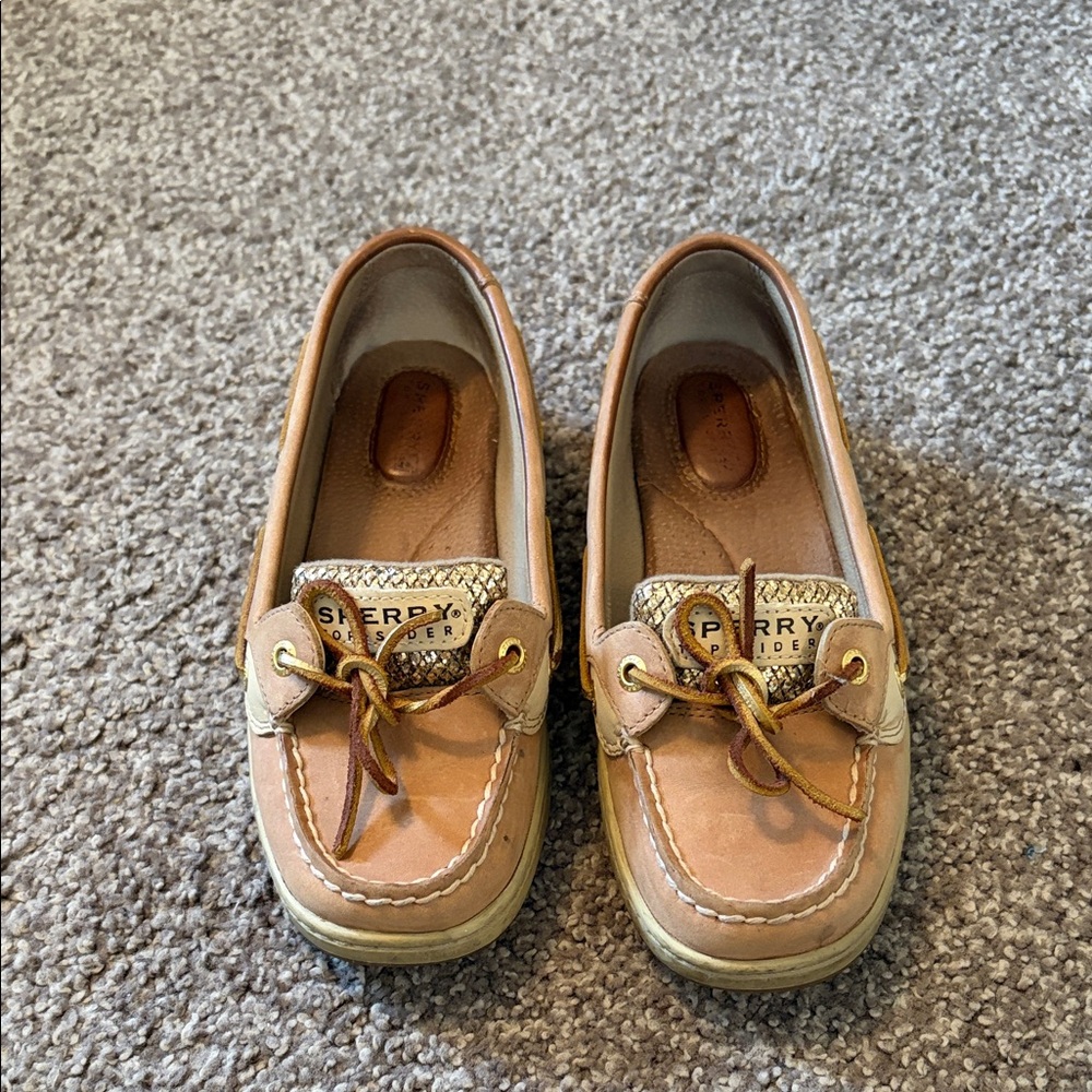 Sperry Leather Moccasin Boat Shoes in Light Brown with Gold Sparkles